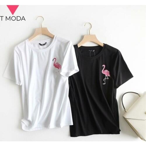 T MODA 2021 Summer Women Korean Flamingo Embroidery T Shirt Lady Short Sleeve White Black Cotton Female Chic Tee Tops Outfit
