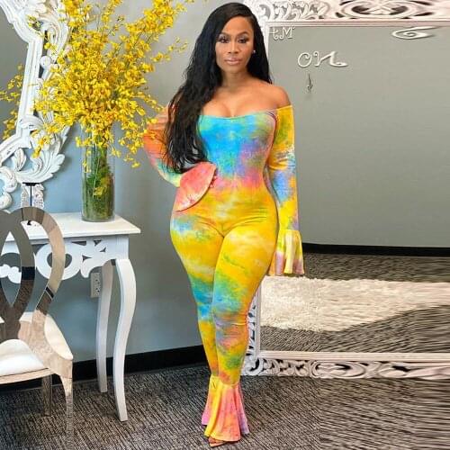 Rainbow Tie Dye Print Rompers Womens Jumpsuit Off The Shoulder Long Flare Sleeve Skinny Outfit Streetwear One Piece Club Outfit