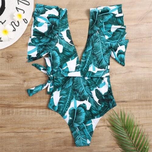 2021 Sexy Ruffle Bandage Biquini One Piece Swimsuit Women Print Floral Swimwear Women Deep-V Bathing Suits Beach Wear Swim Suit