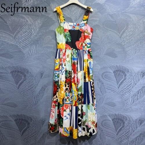 Seifrmann New 2021 Summer Women Fashion Designer Party Long Dress Sexy Spaghetti Strap High Waist Floral Printed Ladies Dresses