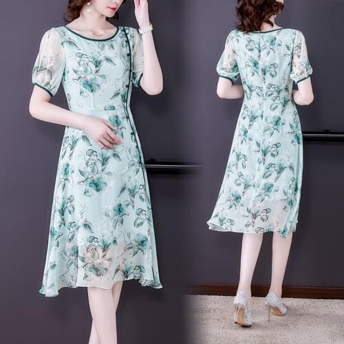 2021 Floral Chiffon Beach Vacation Midi Dress Summer Vintage Casual Print Sweet Dress Women Elegant Bodycon Party Runway Vestido