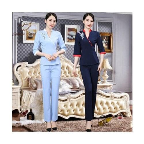 2018 Autumn/Winter New Beauty Salon Uniforms Womens Club Workwear SPA Technician Clothing Set (Blouse+Pants)
