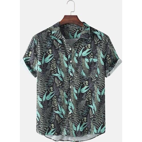 66# Mens Hawaiian Shirt Spring Summer Casual Shitrs Palm Leaf Printed Tropical Short Sleeve Beach Shirts Top Blouse Chemise