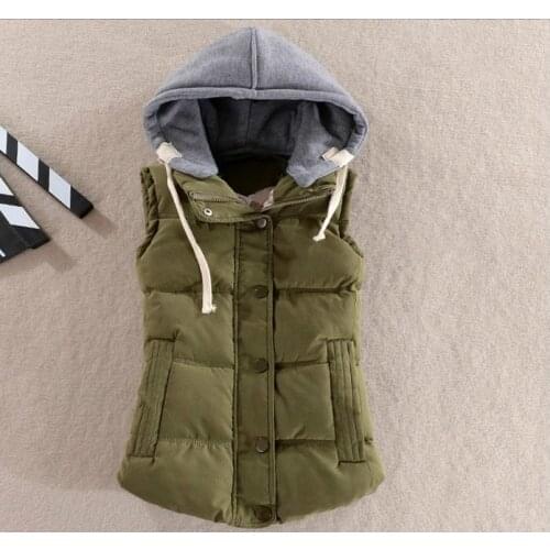 Army Green Women Thermal Vest Hooded Puffer Vest Sleeveless Cotton Girls Large Size Jacket Female Fashion Casual Warm Short Coat