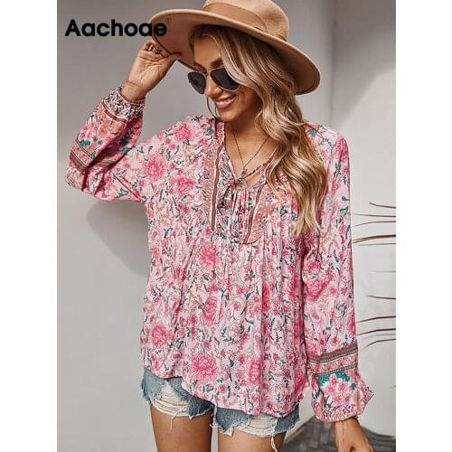 Aachoae Bohemian Floral Print Blouse Women Bow Tie V Neck Retro Shirt Female Loose Casual Long Sleeve Tunic Tops 2021 Blusas