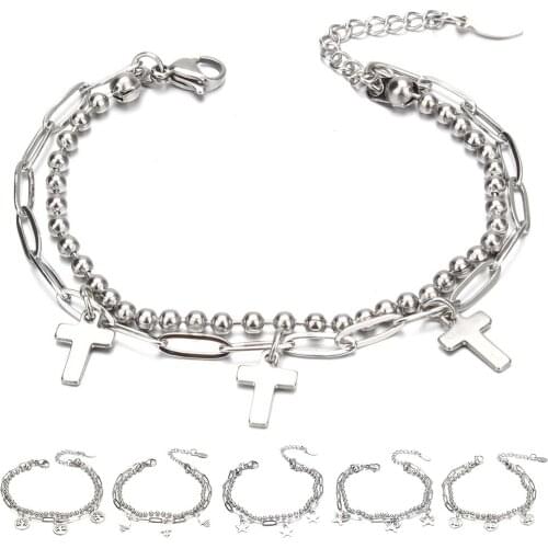 New Fashion Cross Tree Star Bracelet 18CM Adjustable Stainless Steel Bangles Jewelry Double Layer Beads Chain Couple Bracelet