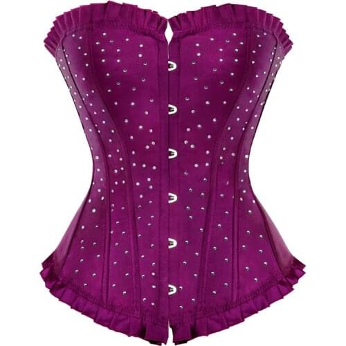 Overbust Corset Bustier Rhinestone Satin Costume Showgirl Top Lingerie Corset Corselet Burlesque Plus Size Fashion Purple