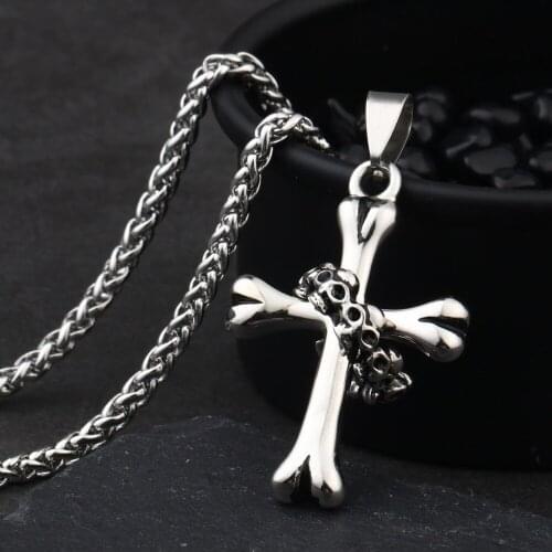 Skeleton Prayer Bone Cross Pendant Necklace for Men Women Stainless Steel Link Chain Silver Color Daily Jewelry Lover Gift MN116