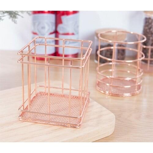 Rose Gold Metal Hollowed out Pen Holder Box Case Organizer Home Desk Stationery Decor Office School Desk Accessories Supplies