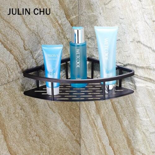 Black Bathroom Triangle Shelf Brass Wall Mounted Bath Shower Shampoo Storage Rack Holder Kitchen Lavatory Sector Corner Shleves