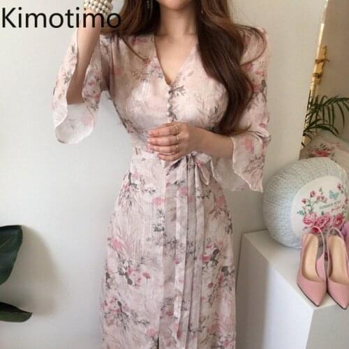Kimotimo Elegant Print Dress Women Korean Summer V Neck Flare Sleeve Waist Long Dress Temperament Thin Super Fairy 2021 Femme