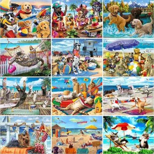 HUACAN Full Square Drill Diamond Painting Dog Art Rhinestone Diamond Embroidery Animal Mosaic Seaside Craft Kit Decor For Home