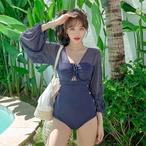 Ins Korean Women One Piece Swimsuit Rhymes Feminino Sexy Monokini Patchwork Solid White Long Sleeve Lace Side Cut Out Trikini