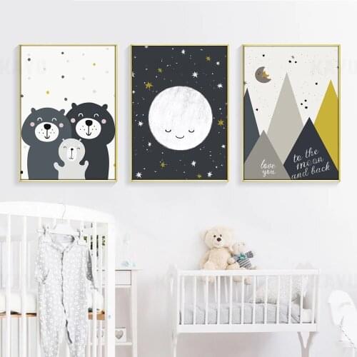 Kawaii Bear Baby Animal Canvas Print Moon Nursery Wall Art Painting Quotes Print Nordic Poster Wall Picture Baby Kids Room Decor