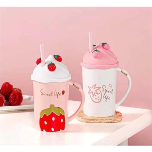 Kawaii Strawberry Ice Cream Ceramic Cup Mugs With Lid Straw Cute Girls Coffee Tea Drinks Dessert Breakfast Milk Water Cup Gift