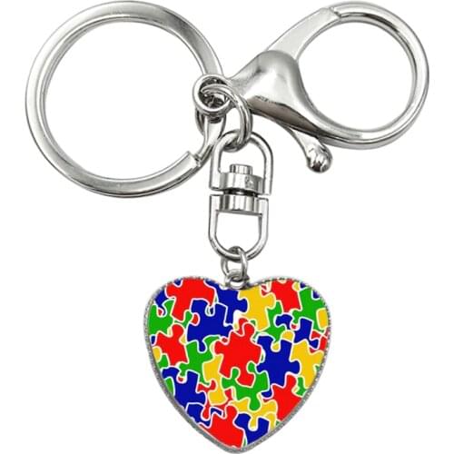 Colorful Puzzle Piece Autism Awareness Hope Keychain Love Heart Glass Pendant Key Chain Clasp Buckle Keyring Accessories