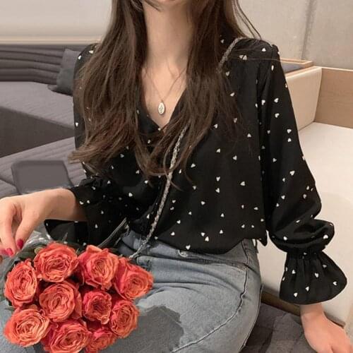 Fashion Female Heart Long Sleeve V Neck Button Up Chiffon Loose Skin-friendly Blouse Top Shirt T-shirt Women 2021