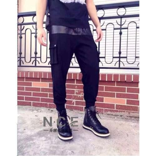 27-44 Knight Patchwork Leather Pants Mens Fashion Slim Harem Pants Black Cotton Plus Size Trousers Singer Costumes