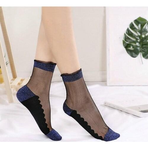 2020 New Summer Fashion Multi Color Glitter Thin Mesh Tulle Socks Transparent Ultra Thin Pearl Socks Patchwork Socks