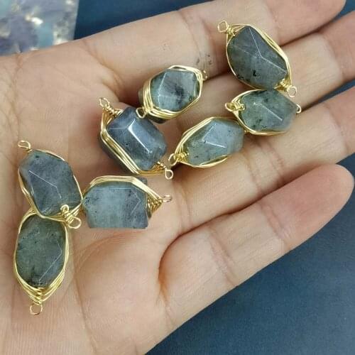 Natural ShimmerStone wrapped polygon handmade golden wire pendants Connector for jewelry Making 10pcs/lot wholesale