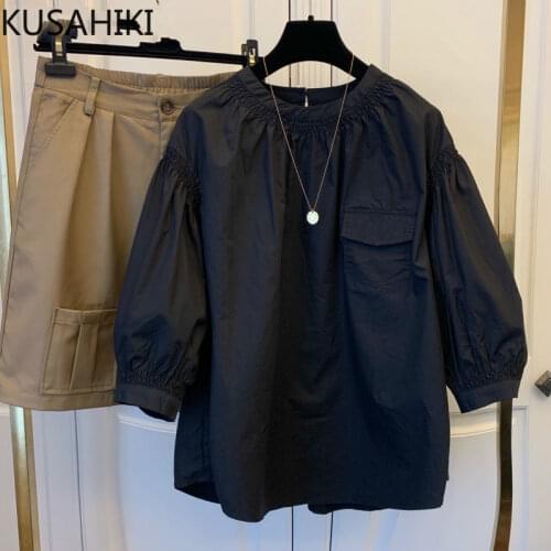 KUSAHIKI Doll Shirt Half Puff Sleeve Korean Solid Causal Pocket Patchwork Blouse 2020 Autumn Sweet Women Blusas Femme Top 6C963