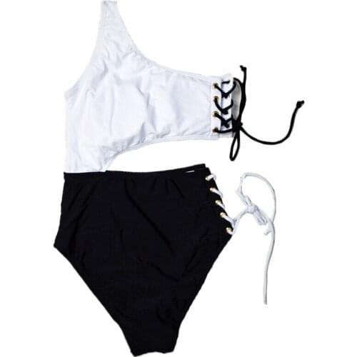 VSUE 2020 Sexy One Piece Swimsuit Women Lace-up Bandage Black White Swimwear Female Bathing Suits Swimming Suit Y0057