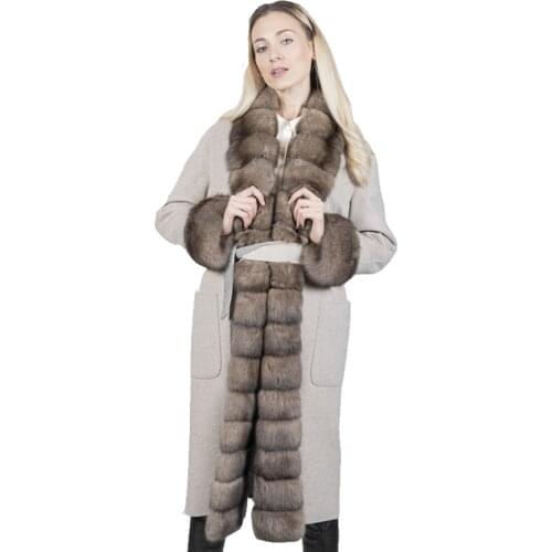 Wool Coat Women Real Fox Fur Collar Wool Jacket Slim Ladies Autumn Winter Cashmere Robe Overcoat
