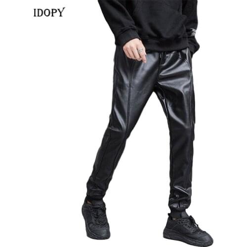 Idopy Men`s Autumn Faux Leather Joggers Harem Pants Hip Hop Ankle Cuffed Elastic Waist Drawstring PU Stretchy Trousers For Male