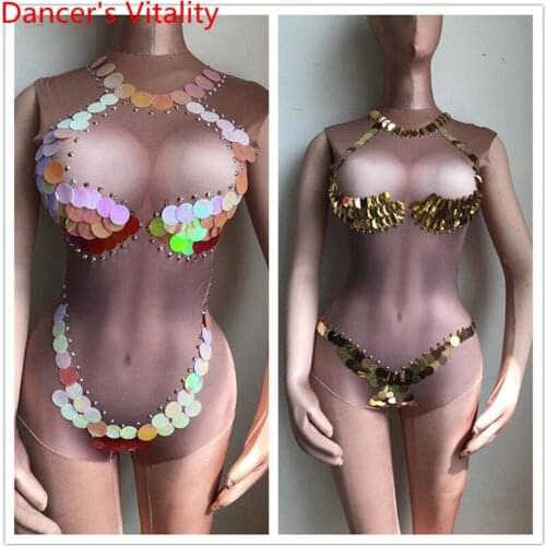 Nightclub Singer Pole Jazz DS Dance Leotard Adult Sequin High Split Elastic Close-fitting Body Suit Stage Wear Performance Cloth