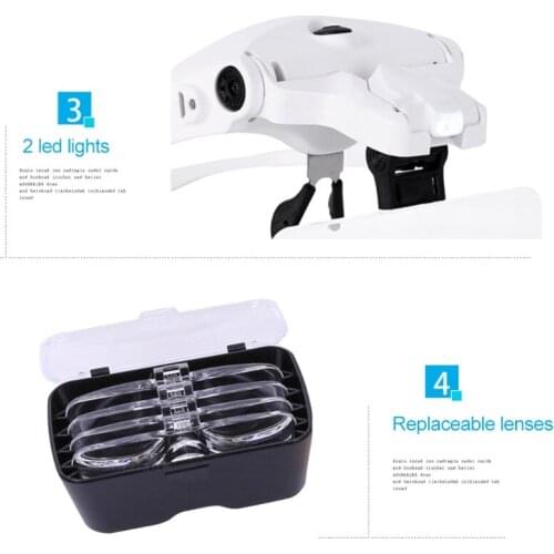 Head Mount Glasses Magnifier, USB Charging Headband Magnifying Glasses w/ 2 LED Lights, 5 Lenses for Close Up Work