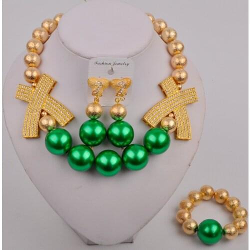 Green Pearl Bead African Gold Jewelry Sets Wedding Jewelry Set Gold Women Necklace African Costume Jewelry Set