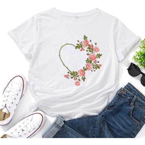 Rose Love Garland Tshirt Women Cotton Short Sleeve Casual O-neck Women Tshirt Black White Personalized T-shirt Women