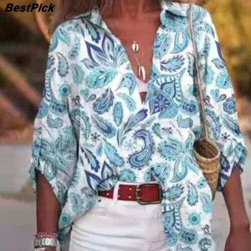 2021 Vintage Printed Women Blouse Shirts Three Quarter Turn Down Collar Casual Ladies Shirts Elegant Autumn Female Tops Blusa