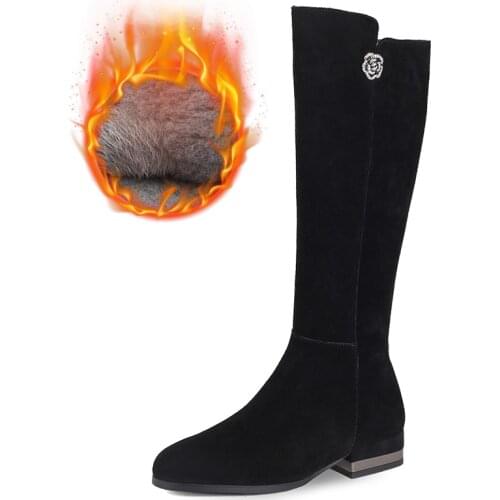 Autumn Winter Modern Boots Knee-High High Heels Elegant Boot Short Plush Warm Wool Black Women Low Heels Female Shoes Lady A3