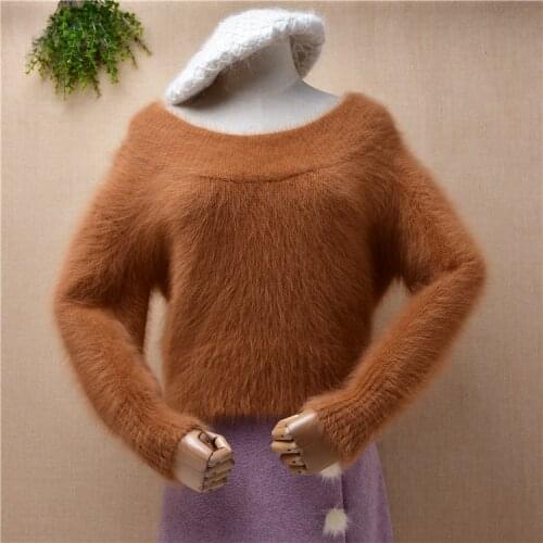 Female women winter clothing hairy mink cashmere knitted short style crop top o-neck loose pullover jumper sweater pull tops