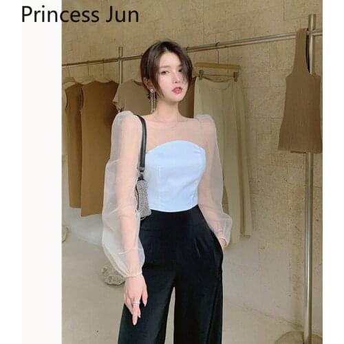 Women 2021 Summer Fashion Two Piece Pants Sets Transparent Mesh Sleeve Crop Top Shirt&High Waist Wide Leg Pants Chic 2pc Suits