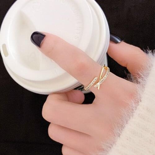 ALLNEWME Delicate Shiny CZ Cubic Zircon Crossed Rings for Women Gold Color Brass Hollow Multi Layered Adjusting Open Ring 2021