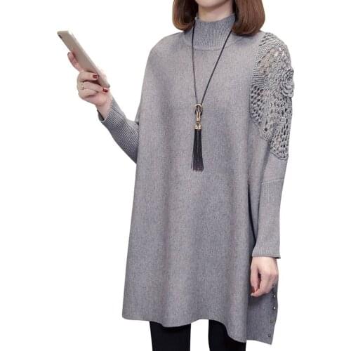 2021 Women Autumn Winter Knitted Dresses New Fashion Plus size Loose Casual Vestido Long sleeve Turtleneck Hollow Dress OK663