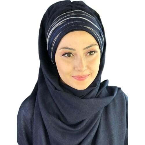 2021New Fashion Hijab Women Muslim Islamic Chiffon Scarf Hat FoulardNavy Blue Striped Pleated Navy Blue Color Ready Shawl