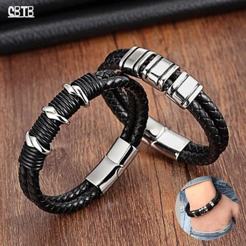 Leather Woven Personality Bracelet Mens Stainless Steel Magnetic Buckle Buddha Bracelet Couple Jewelry Birthday Gift for Men