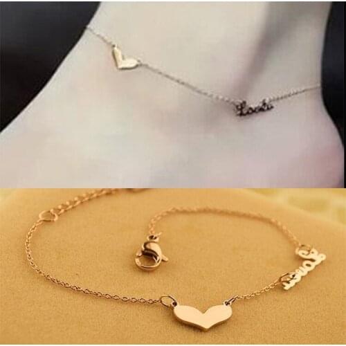 Fashion Stainless Steel Love Letter Charm Chain Foot Anklets Rose Gold Color Heart Anklet Bracelet Woman Gift