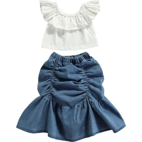 Kids Baby Girl’s Outfits Two Piece Suit Fashion Solid Color Boat Neck T-shirt and Pleated Mid-length Skirt 2-7T