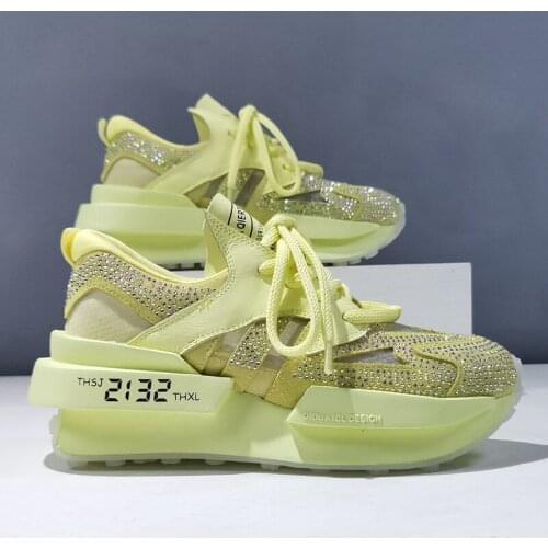 Design Diamonds Genuine Leather Platform Sneakers Patchwork Mesh Lace Up Breathable Jogging Shoes Women Sport Running Trainers