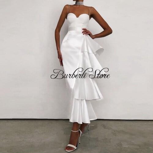 Elegant White Satin Tiered Ruffles Women Party Dresses Spaghetti Strap Simple Ankle Length Wedding Gowns Mermaid Formal Dress