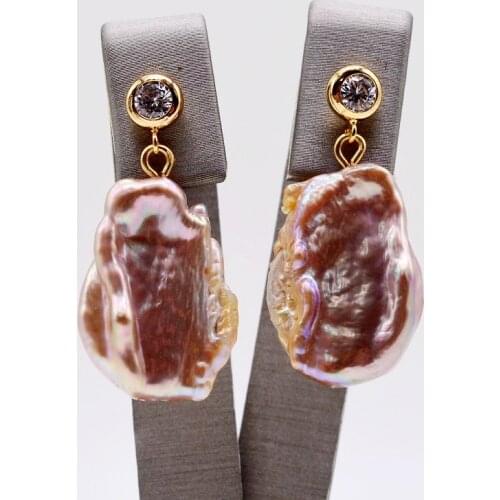 Girls purple earrings, shiny gold earrings, natural purple flat baroque pearls, ladies pearl earrings