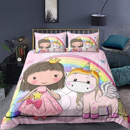 Cartoon Bedding Set 3D Princess Unicorn Printed Duvet Cover Pillowcase 2/3 Pcs Pink Quilt Cover Girl Kid Bedroom Home Textiles