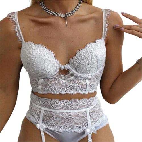 Women Sexy Lace Lingerie Set Solid Floral Lace Deep V Neck Backless Sleeveless Bra Top+Thong Bandage Hollowed Out Exotic Sets