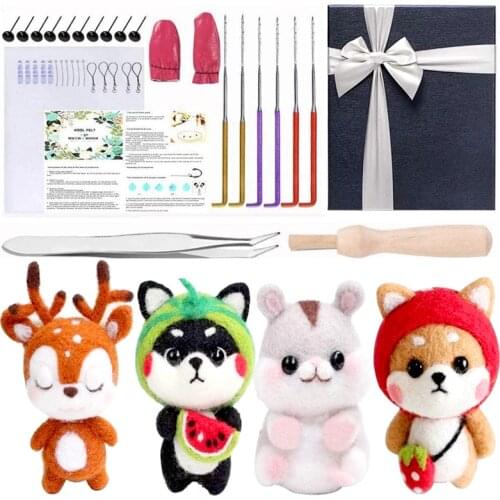 LMDZ 4 Pcs Cute Animal Hamster Deer Shiba Inu Doll Making Wool Felting Foam Mat Supplies 6 Felting Needle Felting Starter Kit