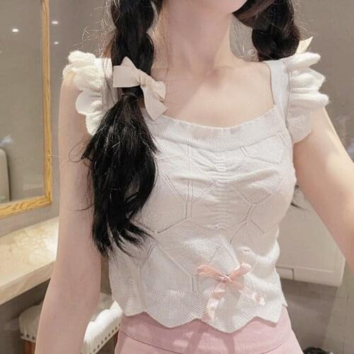 Kawaii Sweet Knitting Tops for Women Summer 2021 Japanese Design Casual Vest Female Sleeveless Korean Party Y2k Knitting Vest