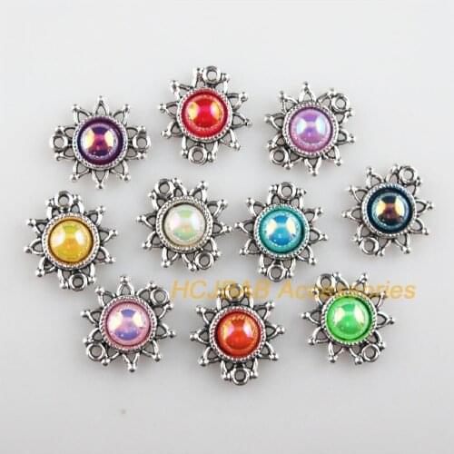 Fashion 30Pcs New Tiny Sun Charms Tibetan Silver Tone Retro Mixed Acrylic Connectors 14x14.5mm